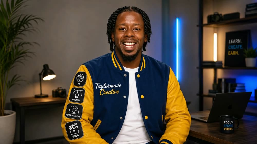 Nelson Taylor in the Taylormade studio, in the navy and gold varsity jacket