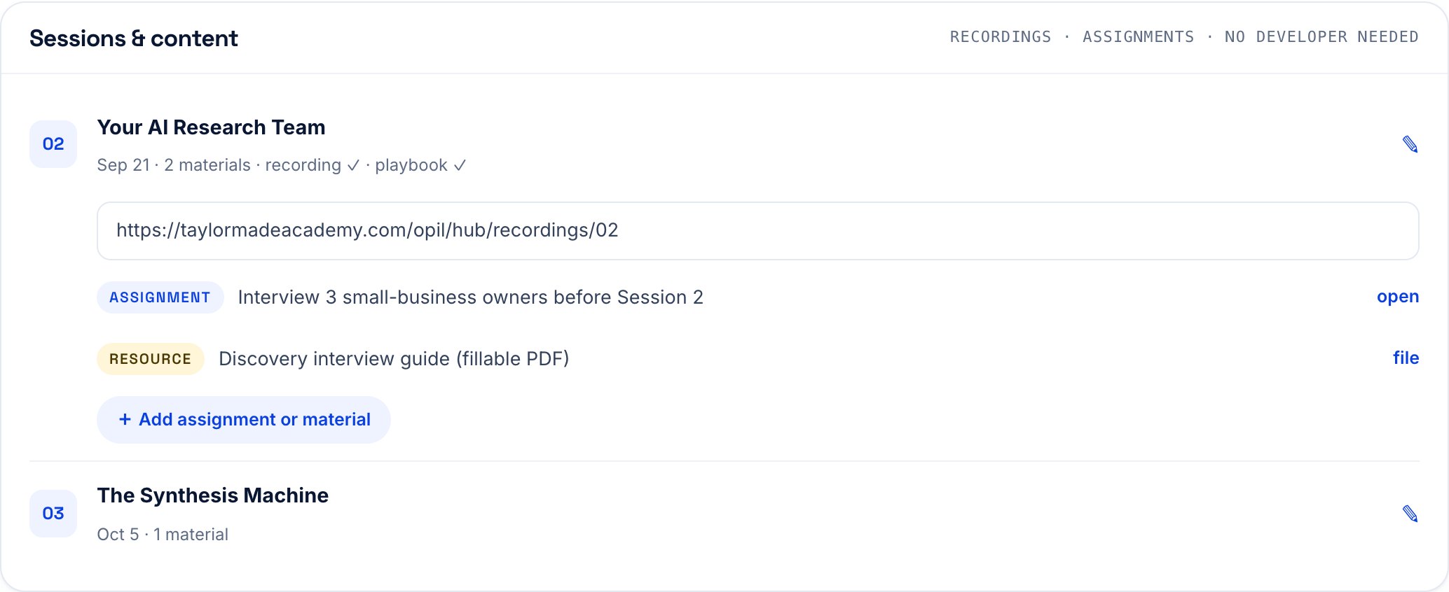 The coordinator’s sessions list with recordings, assignments and resources